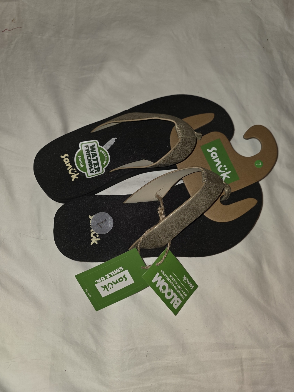 Sanuk Gold Metallic Thong Flip Flops with Black Footbed